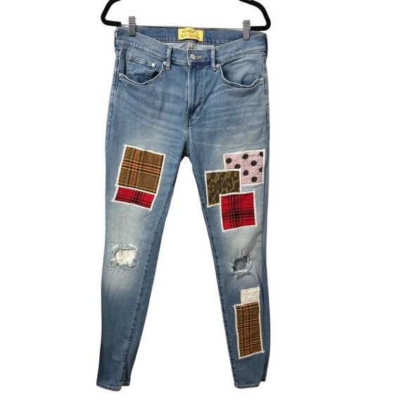 Mens Povrich Patchwork Distressed Skinny Jeans W/Plaid & Leopard Details Size 32 - Picture 1 of 11